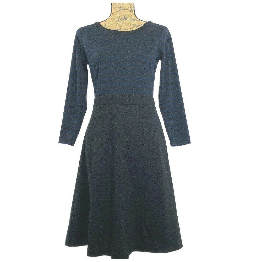 Ann Taylor Loft Dress 2 Blue Charcoal Gray Stripe 3/4 Sl Flare Midi Casual Caree